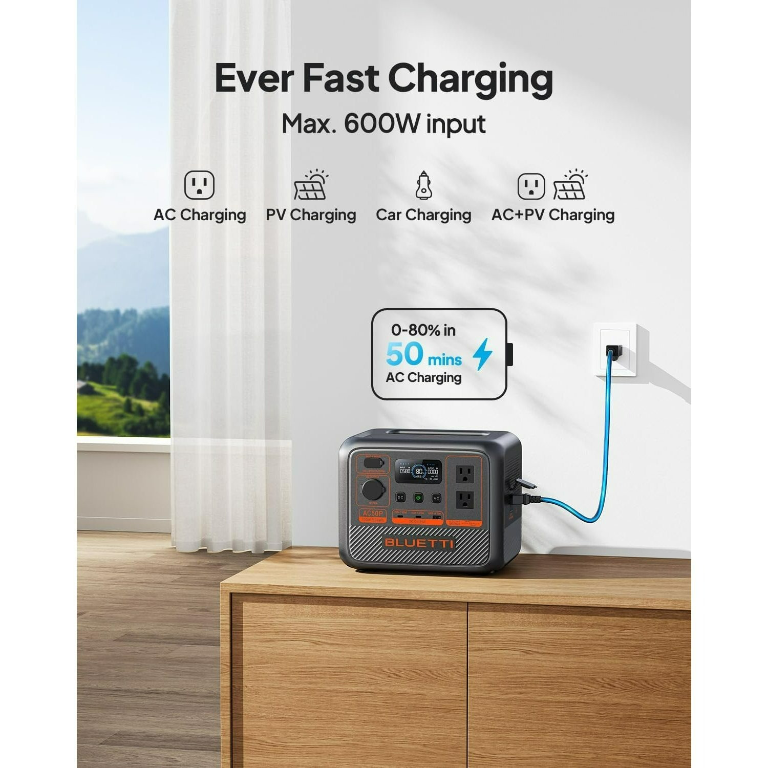 BLUETTI Portable Power Station AC50P, 504Wh LiFePO4 Battery Backup, 700W AC Outlets, Solar Generator for Camping, Emergency, Travel - Imagen 2